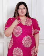 Miravan Plus Size Womens Pink Printed Collar Neck Short Puff Sleeves Cotton A-Line Maxi Dress - Distacart