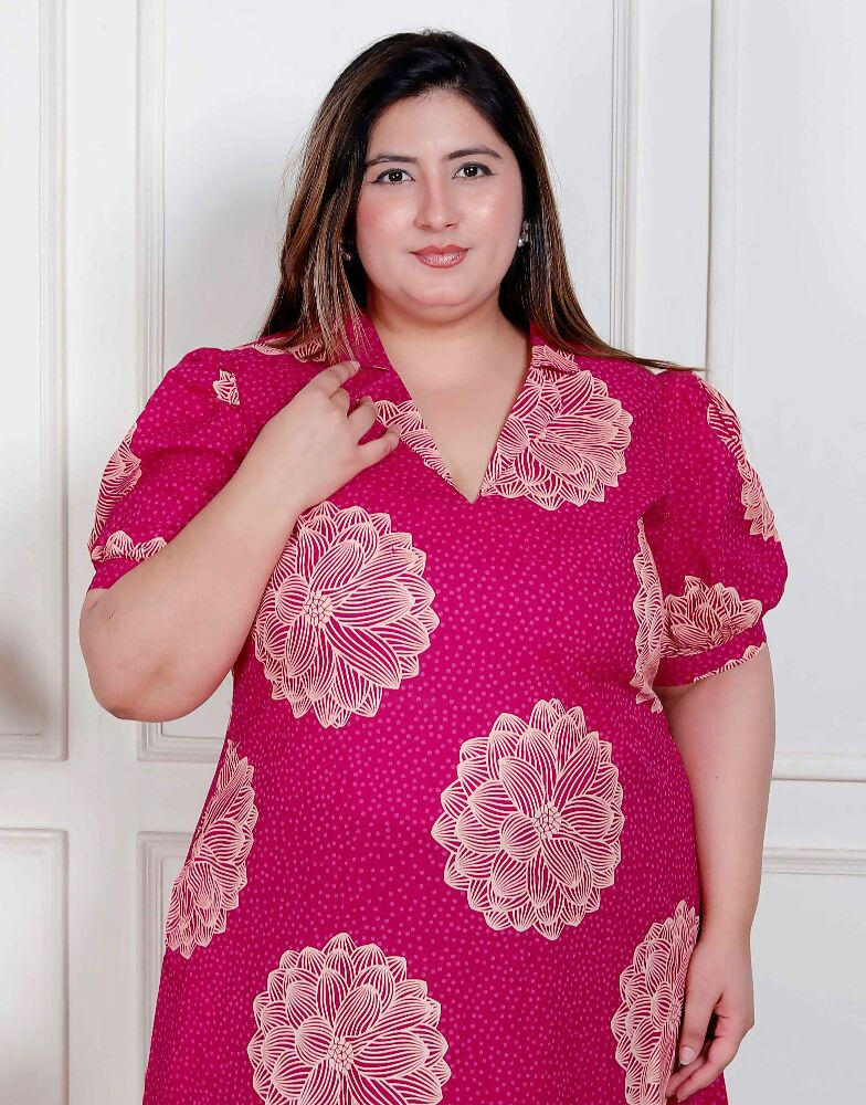 Miravan Plus Size Womens Pink Printed Collar Neck Short Puff Sleeves Cotton A-Line Maxi Dress - Distacart