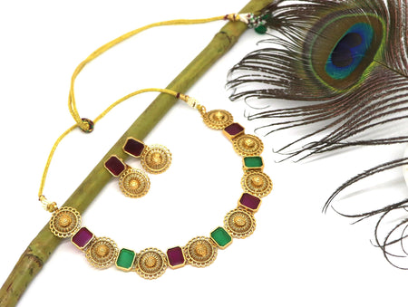 Joban Fashion Maroon & Green Pure Brass With Rajwadi Polish Necklace Set