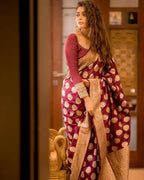 DEIANA'S Beautiful Designer Golden zari Soft Lichi Silk Saree - Maroon