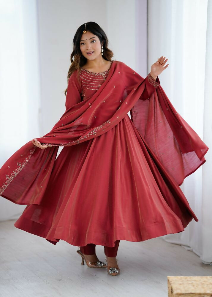 Joban Fashion Maroon Kurta Set Chanderi Sequence Embroidery Work - Distacart