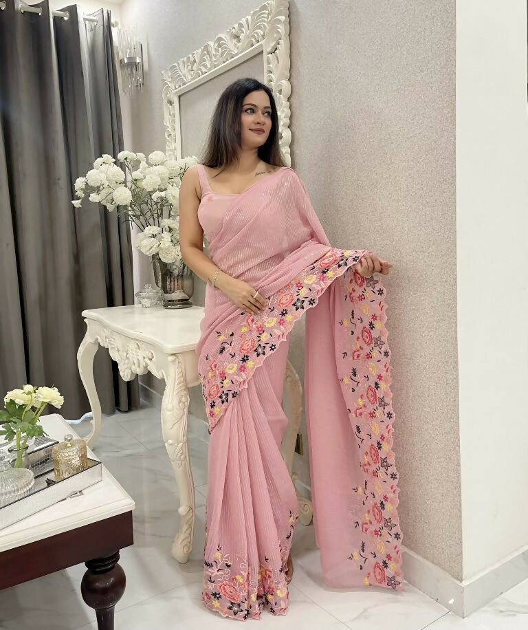 Pink Shimmer Silk Multi Thread Sequence Embroidery Work Saree - Kashta
