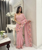 Pink Shimmer Silk Multi Thread Sequence Embroidery Work Saree - Kashta