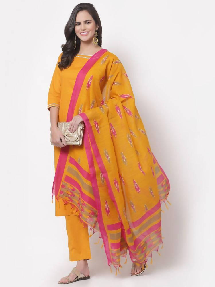 Myshka Women's Cotton 3/4 Sleeve Round Neck Casual Kurta Pant Dupatta Set
