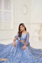 Aastha Fashion Neon Blue Butterfly Net Tone To Tone Thread Work, Sequence Work Embroidery With Original Mirror Handwork Wedding Wear Lehenga Choli