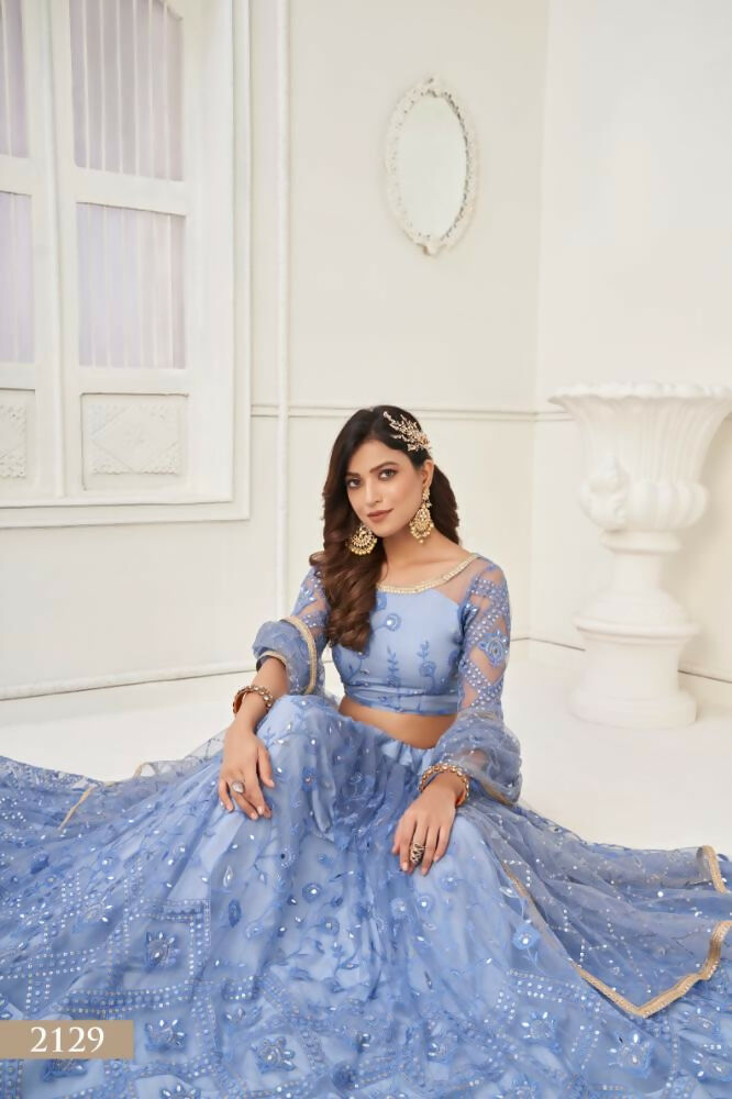 Aastha Fashion Neon Blue Butterfly Net Tone To Tone Thread Work, Sequence Work Embroidery With Original Mirror Handwork Wedding Wear Lehenga Choli