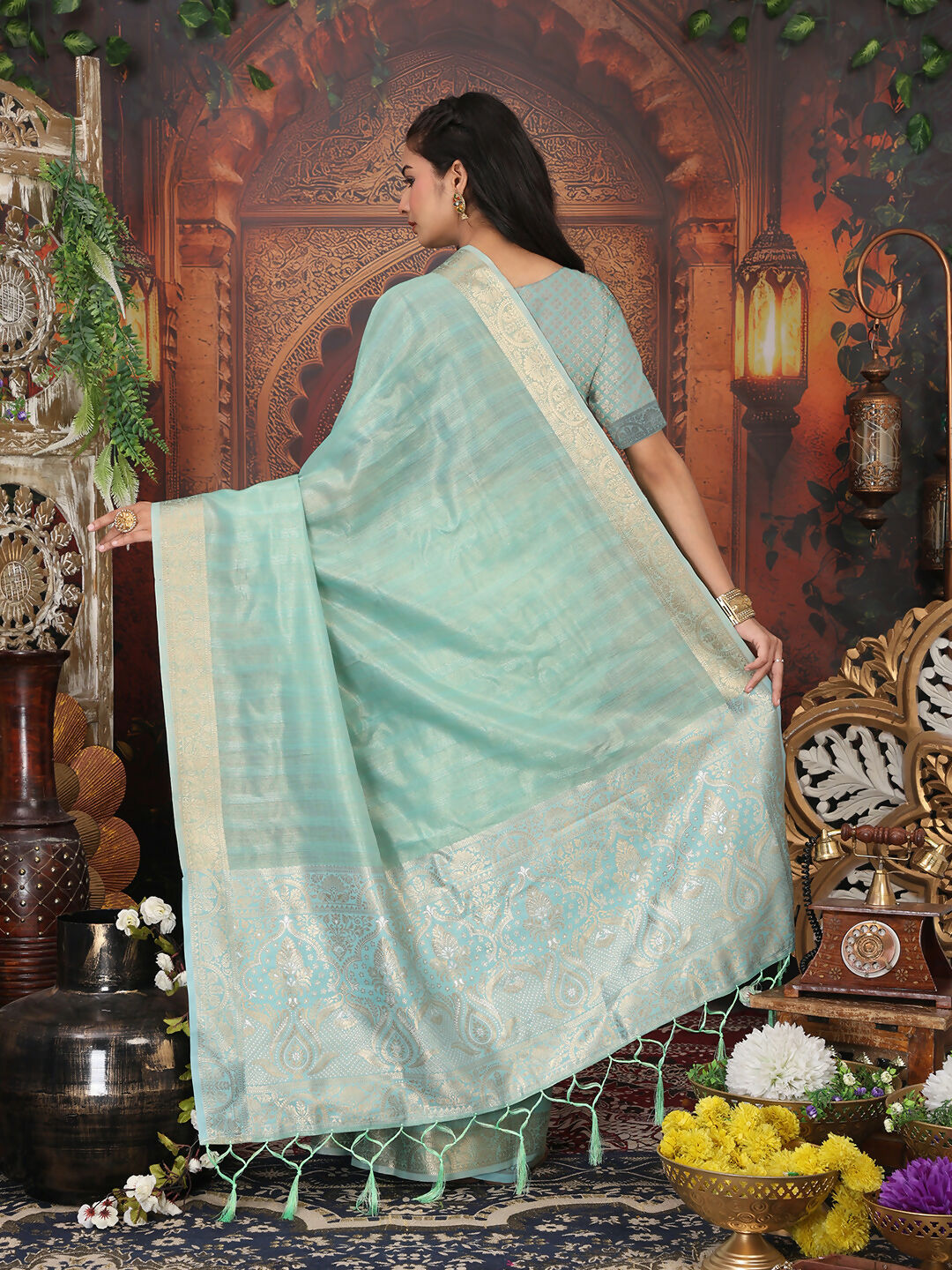 Shree Shyam Fashion Organza Rama Green Saree - Distacart