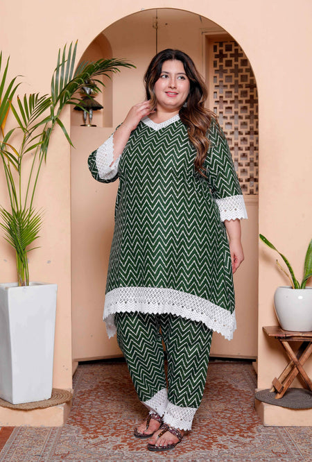 Miravan Womens Plus Size Green Rayon Zigzag Print Kurta with Palazzo set
