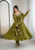 Teeya Creation Mehendi Color Crunchy Silk Embroidery Work Wedding Wear Gown - Distacart