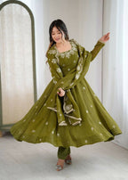 Teeya Creation Mehendi Color Crunchy Silk Embroidery Work Wedding Wear Gown - Distacart