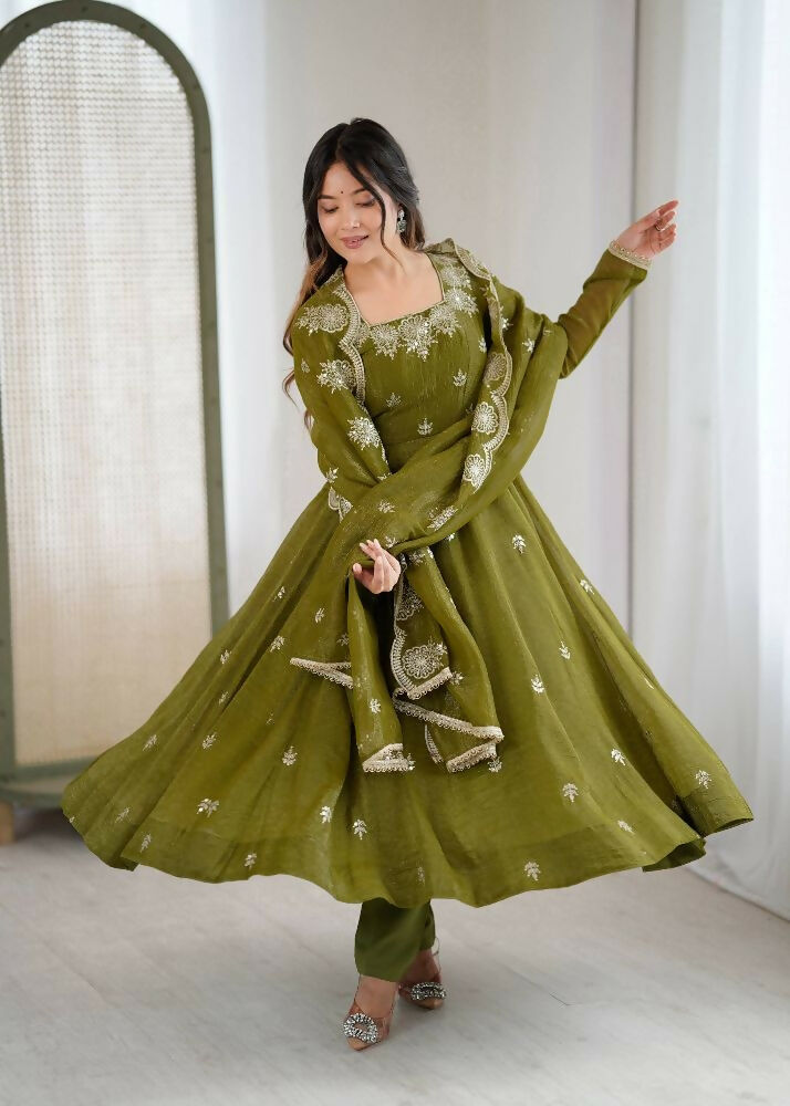 Teeya Creation Mehendi Color Crunchy Silk Embroidery Work Wedding Wear Gown - Distacart