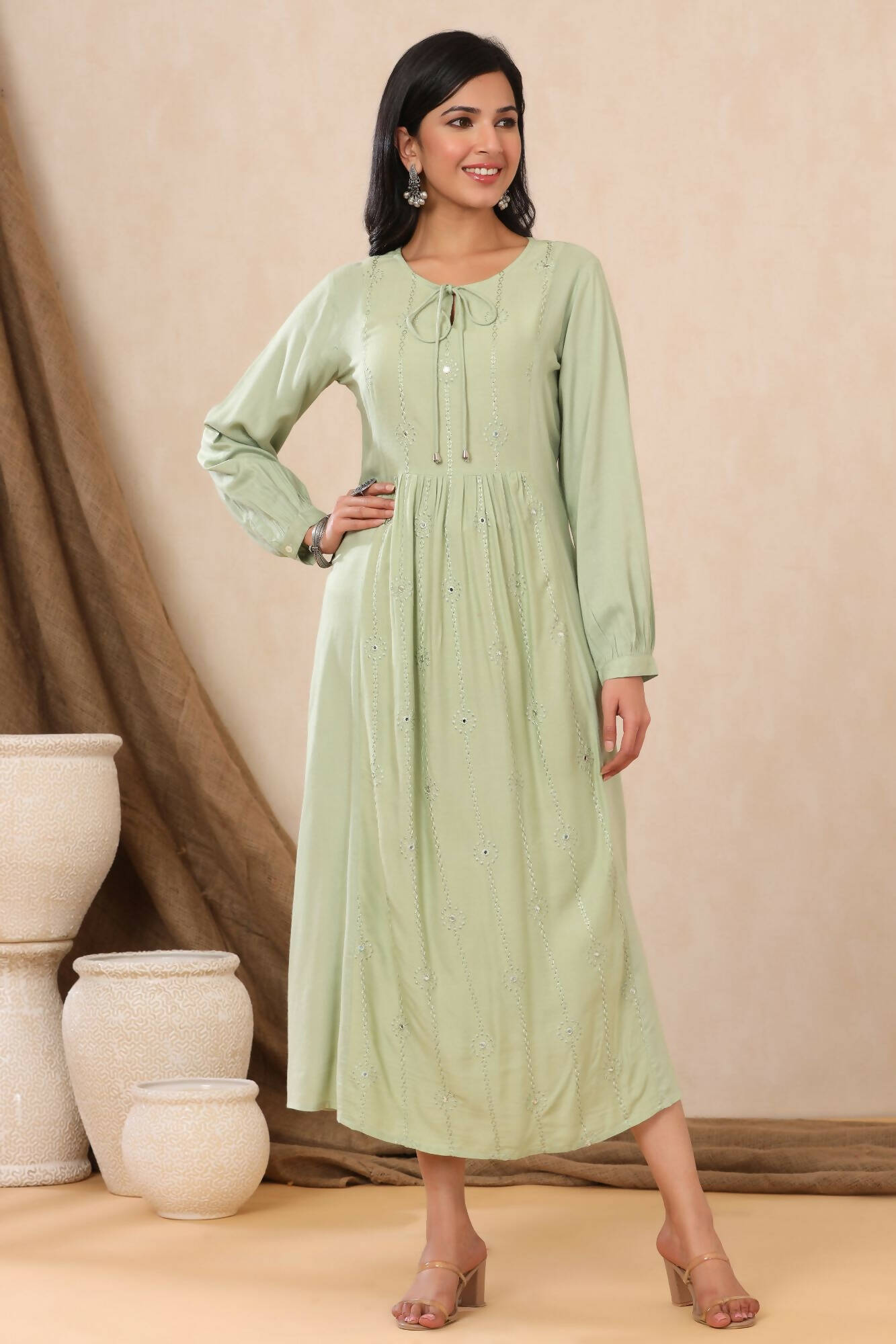 Juniper Women Lightolive Rayon Embroidered A-Line Dress - Distacart