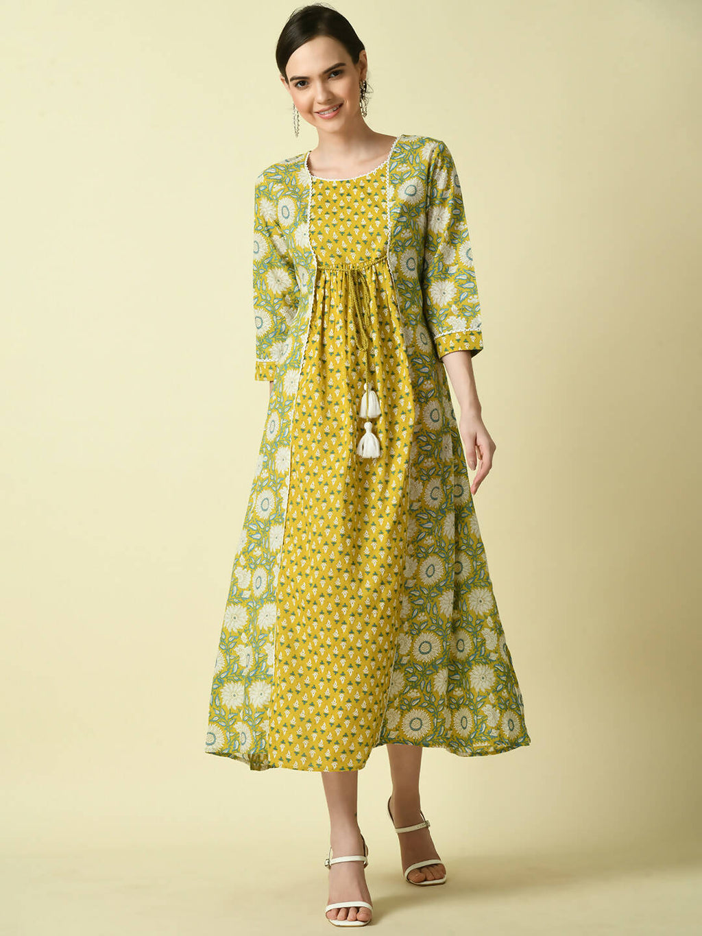 Myshka Women's Yellow Floral Printed Gown Dress - Distacart