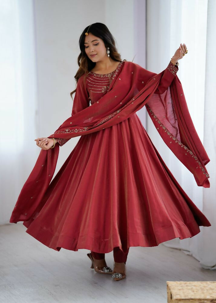 Joban Fashion Maroon Kurta Set Chanderi Sequence Embroidery Work - Distacart