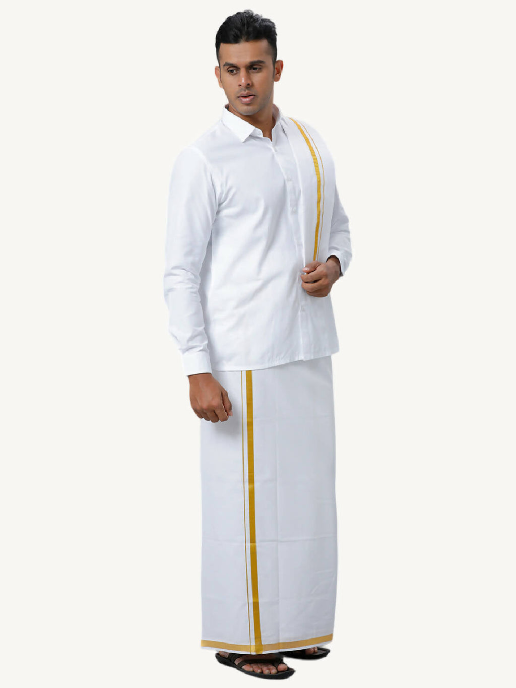 Ramraj Cotton Mens Wedding White Regular Dhoti, Shirt & Towel Set Subhakalyan 1/2"