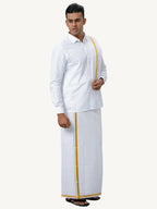 Ramraj Cotton Mens Wedding White Regular Dhoti, Shirt & Towel Set Subhakalyan 1/2"
