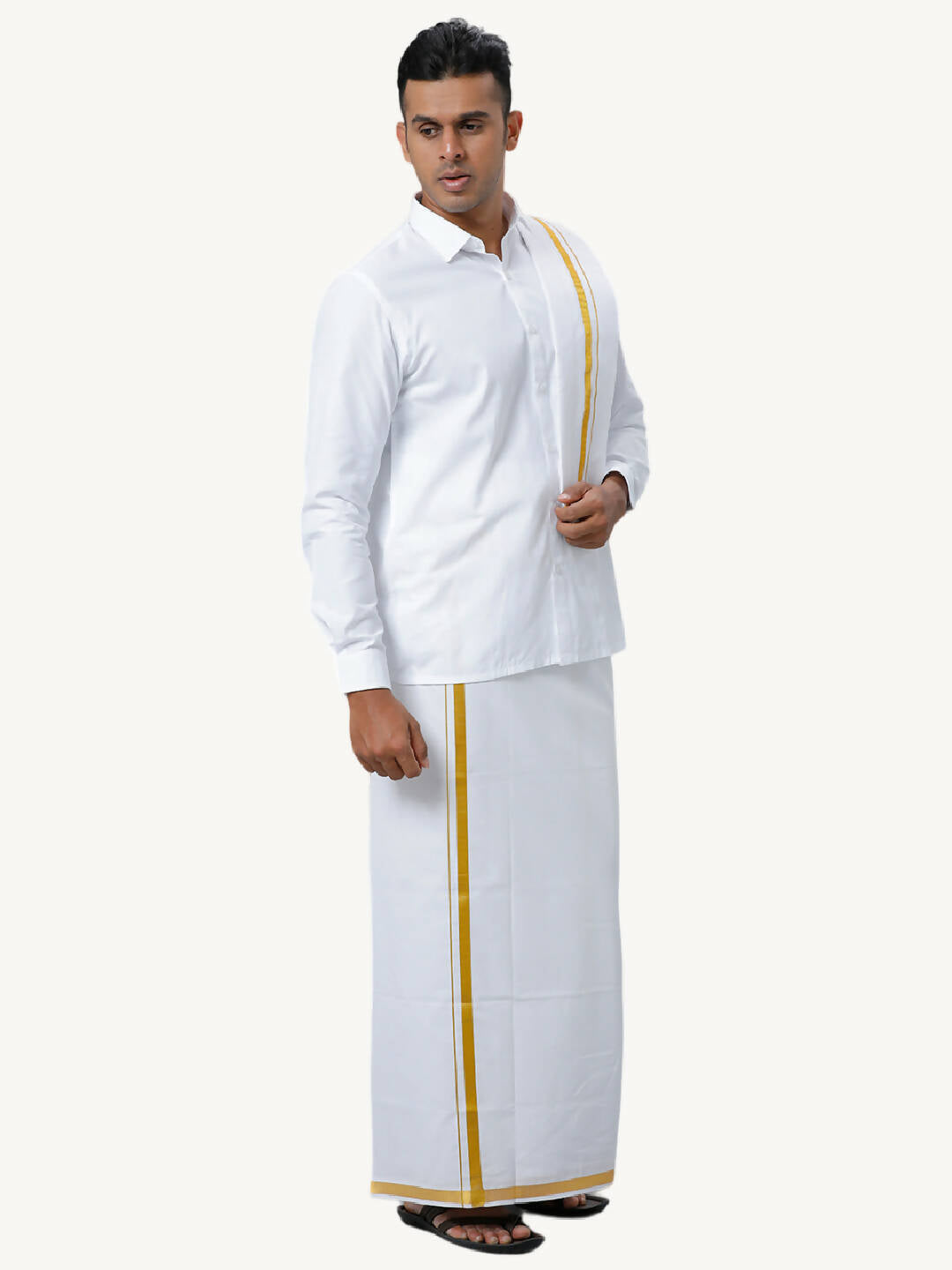 Ramraj Cotton Mens Wedding White Regular Dhoti, Shirt & Towel Set Subhakalyan 1/2"