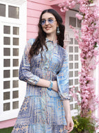 Light Blue Crepe Foil Printed Long Dress - Michan - Distacart