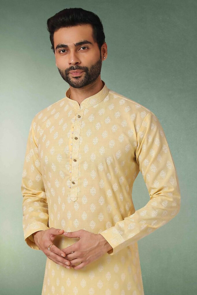 Raivat Ethnic Cotton Printed Work Kurta Pajama In Lemon Yellow Colour