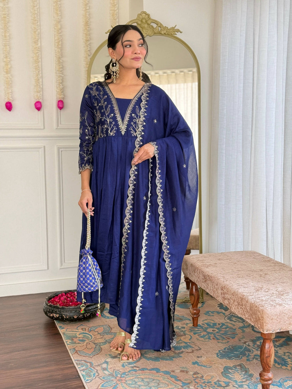 The52 Blue Women's Beautiful Embroidered Vichitra Silk Fabric with Flared Kurta, Pant and Dupatta Set - Distacart