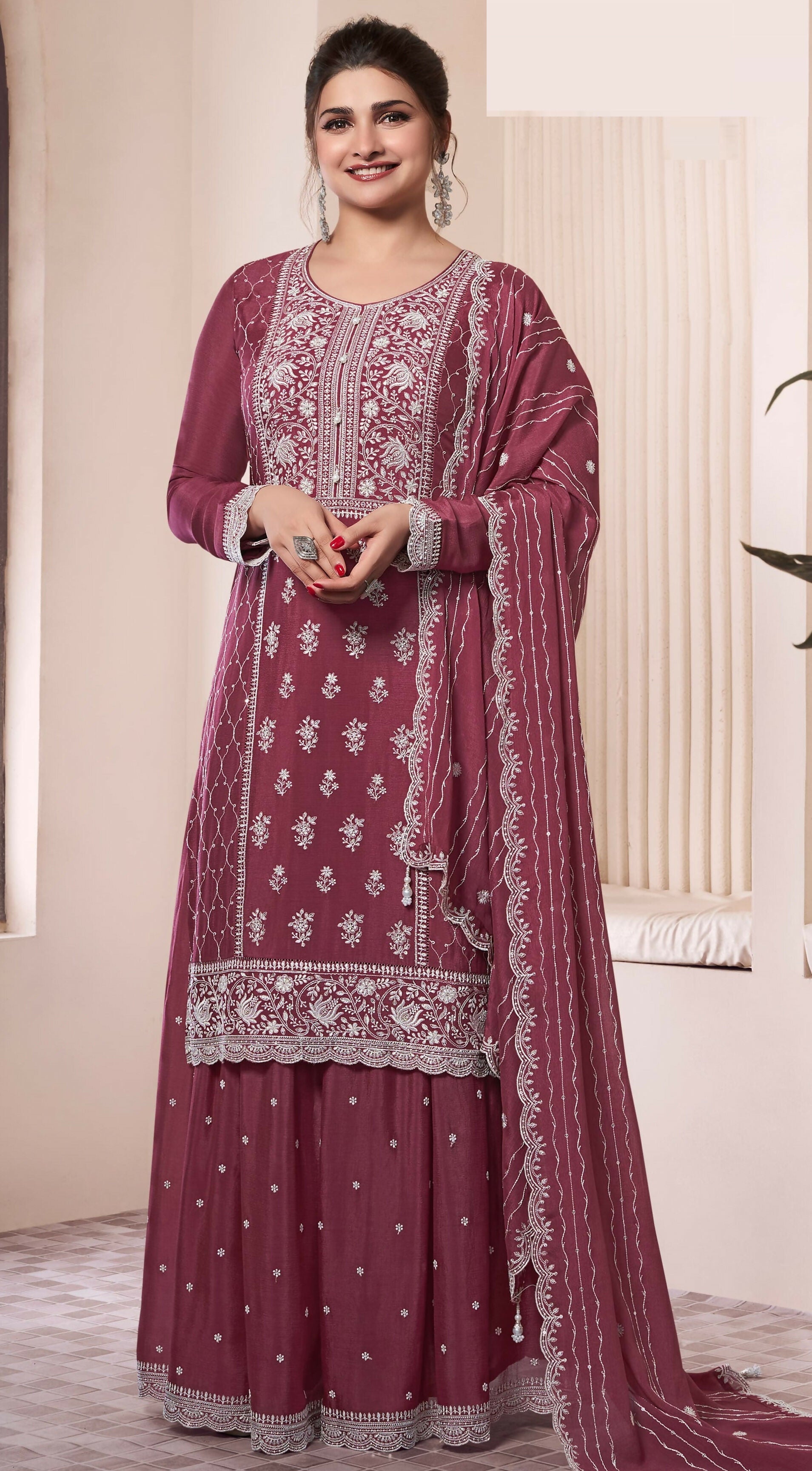 Anaita Maroon Embroidered Work Silk Stitched Sharara suit - Distacart