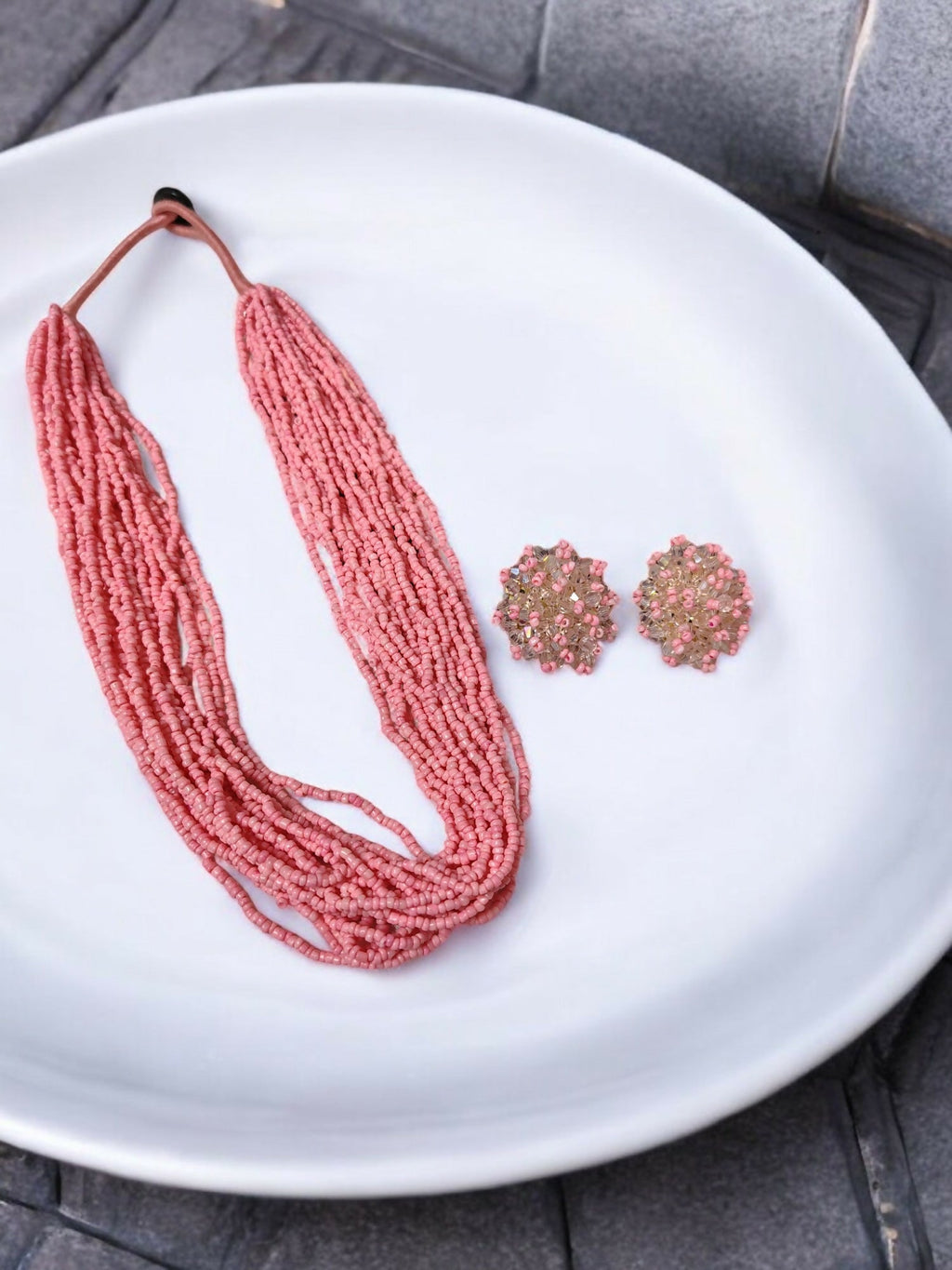 Inhanns Vibrant Handmade 20 Layers Beaded Necklace With Matching Earrings - Light Pink