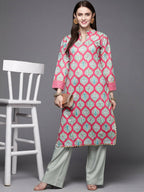 Ahalyaa Women Pink & Sea Green Floral Printed Gotta Patti Velvet Kurta - Distacart
