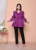 Miravan Womens Purple Bandhani Printed Butterfly Style Top