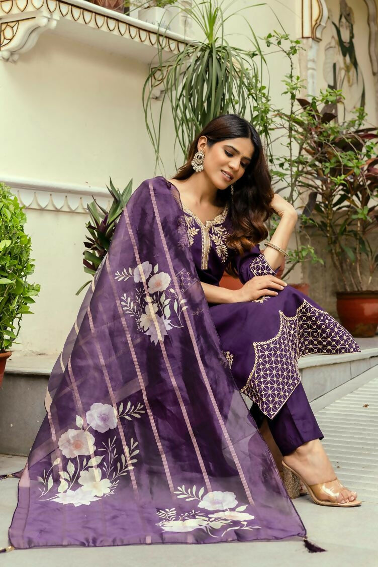 The52 Wine Women's Beautiful Viscose Chanderi Fabric Thread Work Straight Kurta Pant and Dupatta Set - Distacart