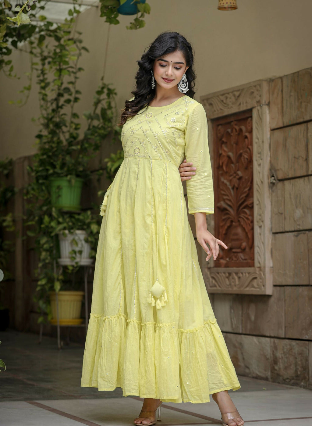 Kaajh Women's Yellow Mirror Embroidered Cotton Dress - Distacart