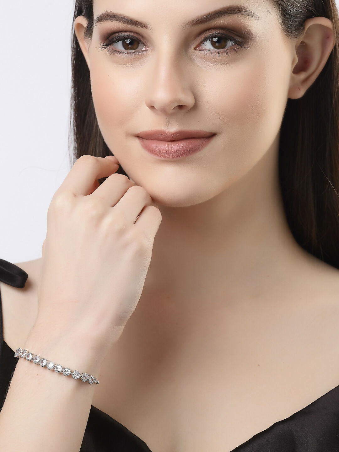 NVR Women Silver-Plated Handcrafted American Diamond Link Bracelet - Distacart