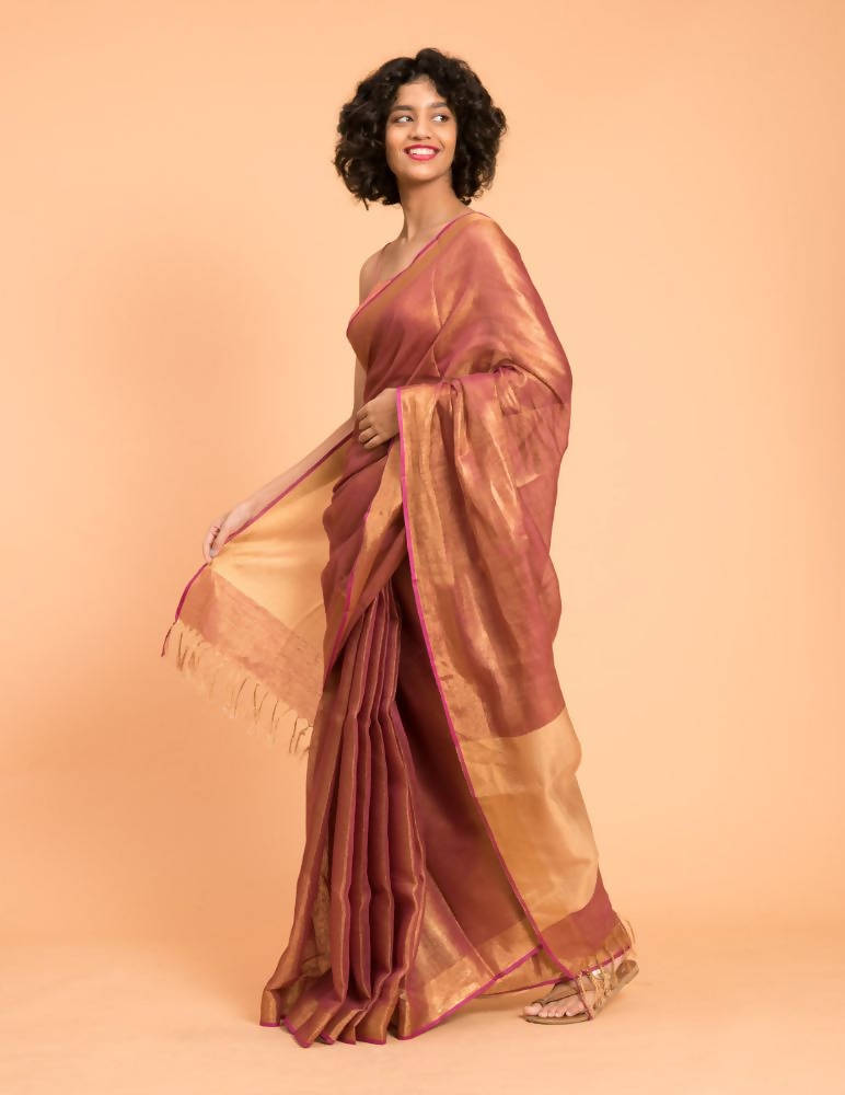 Suta Pink Golden Solid Zari Pure Linen Saree - Distacart