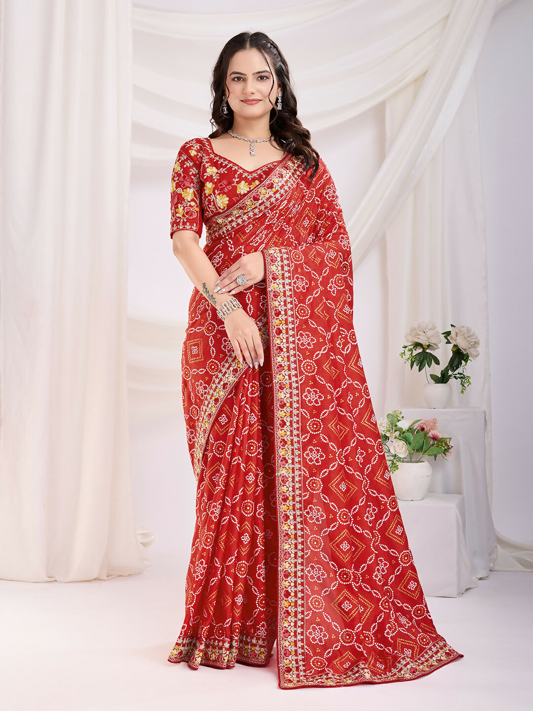 Maroon Vichitra Silk Bandhani Printed, Embroidery Work Saree - Ditya