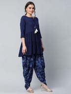 Ahalyaa Women Navy Blue Rayon Floral Empire Kurti with Dhoti Pants - Distacart