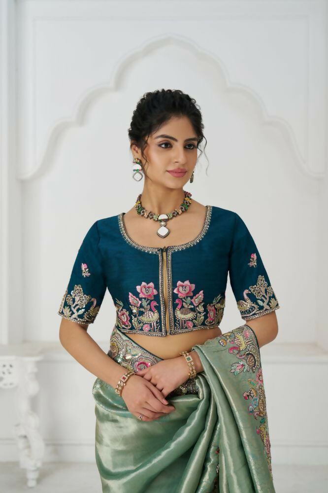 Kesar Fab Trending Reception Green Color With Multi-Thread Embroidery Saree