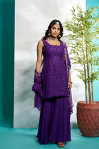 Aayaa Designer Faux Gorgette Embroidery Zari Sequins Thread work Full Flaired plazzo Suit with Dupatta - Purple