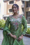 Joban Fashion Green Cotton Premium Pure Viscose Print Dola With Handwork Kurta set