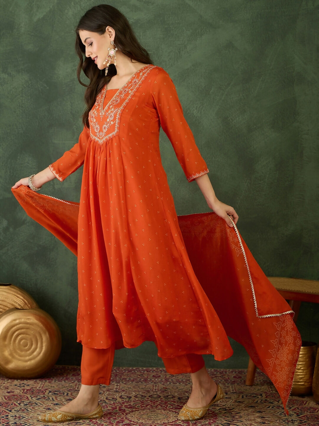 The52 Orange Women's Gorgeous Embroidered Chinon Fabric Flared Kurta Pant and Dupatta Set - Distacart