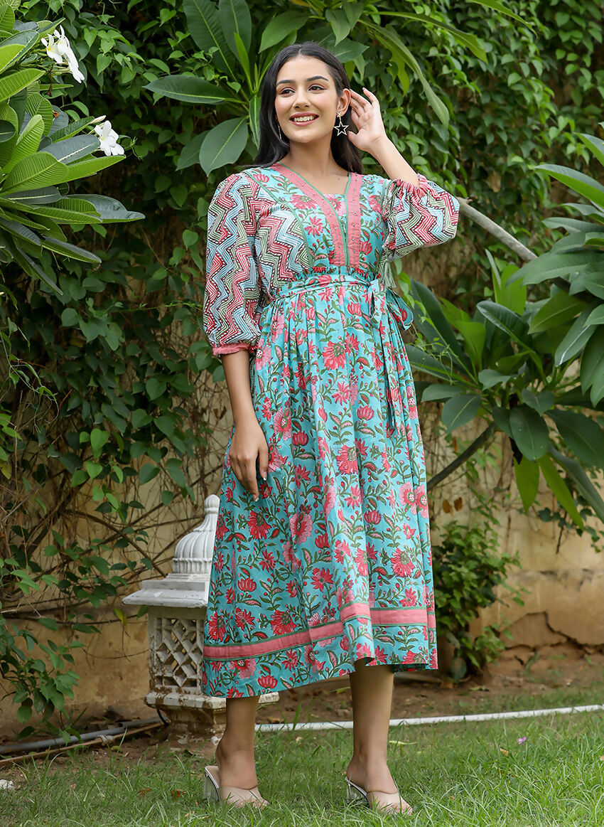 Kaajh Women's Green Hand Block Printed Dress - Distacart