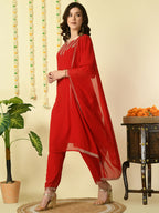 Myshka Women's Red Georgette Kurta & Trousers With Dupatta Party Sets
