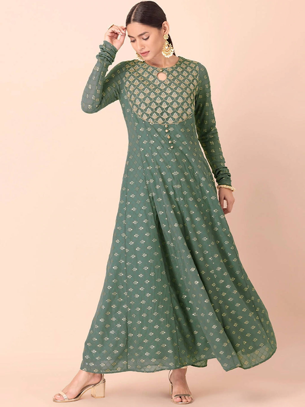 Indya Green & Gold-Toned Ethnic Motifs Printed Georgette Anarkali Kurta - Distacart