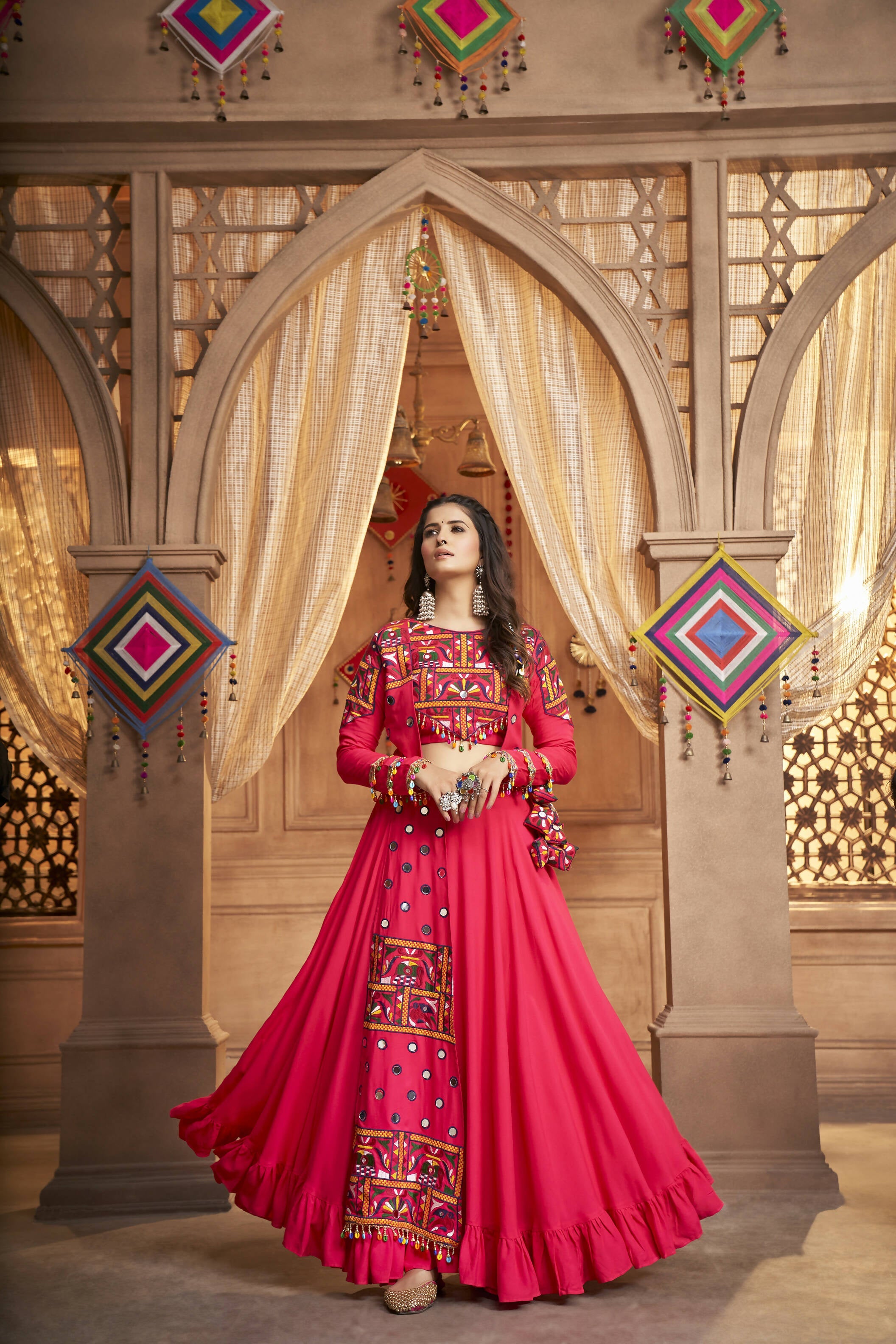 Rani Pink Viscose Rayon Thread Embroidered Work With Mirror All Over Navratri Lehenga Choli With Dupatta - Raas