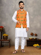 Anaita Orange Cotton Straight Kurta Pajama & Koti With Jequard Work