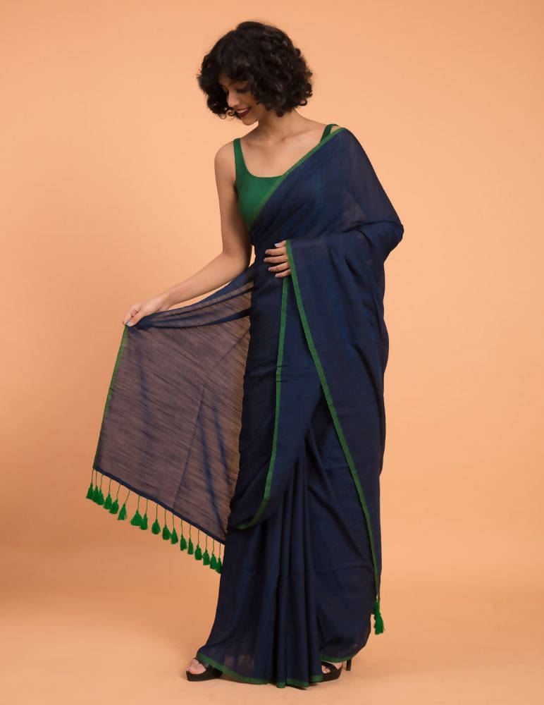 Suta Blue Green Solid Cotton Blend Saree - Distacart