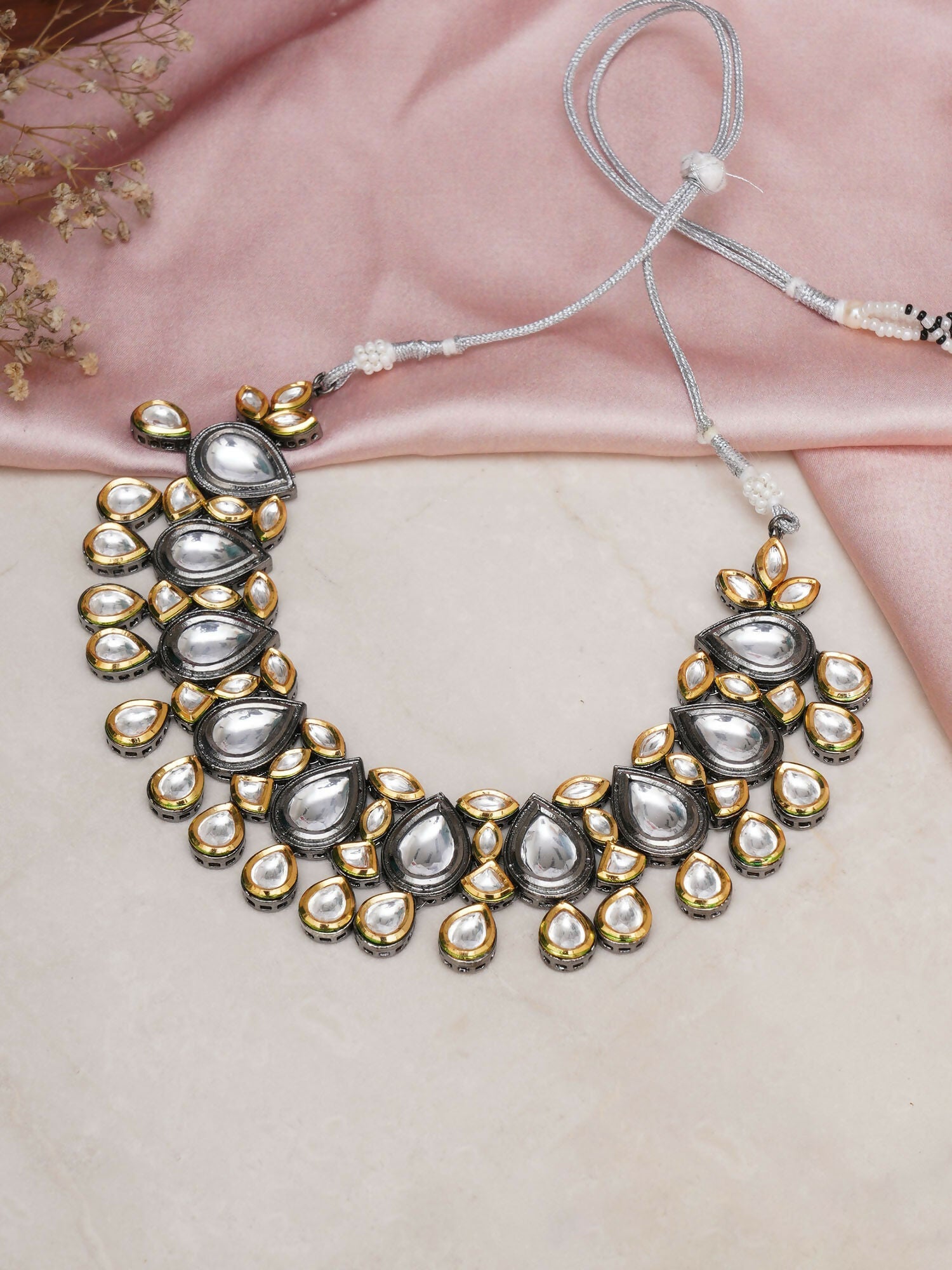 Dual Tone Kundan Neckpiece (silver) - Ruby Raang