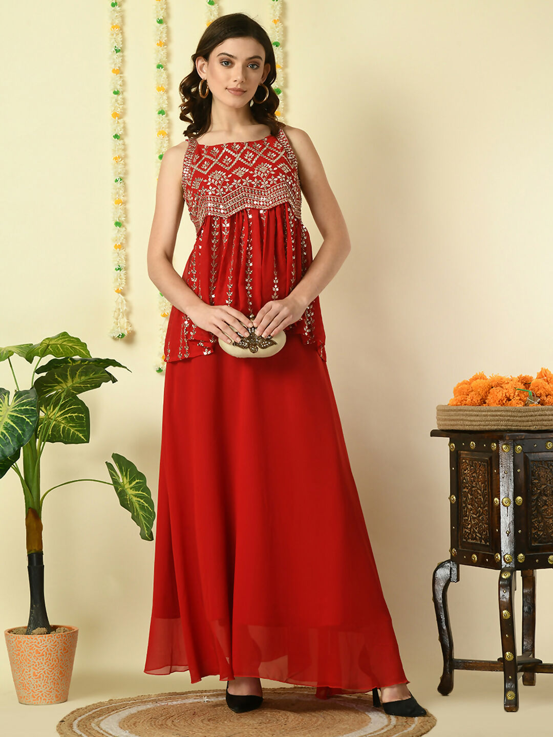 Myshka Women's Red Georgette Top With Skirt Party Sets
