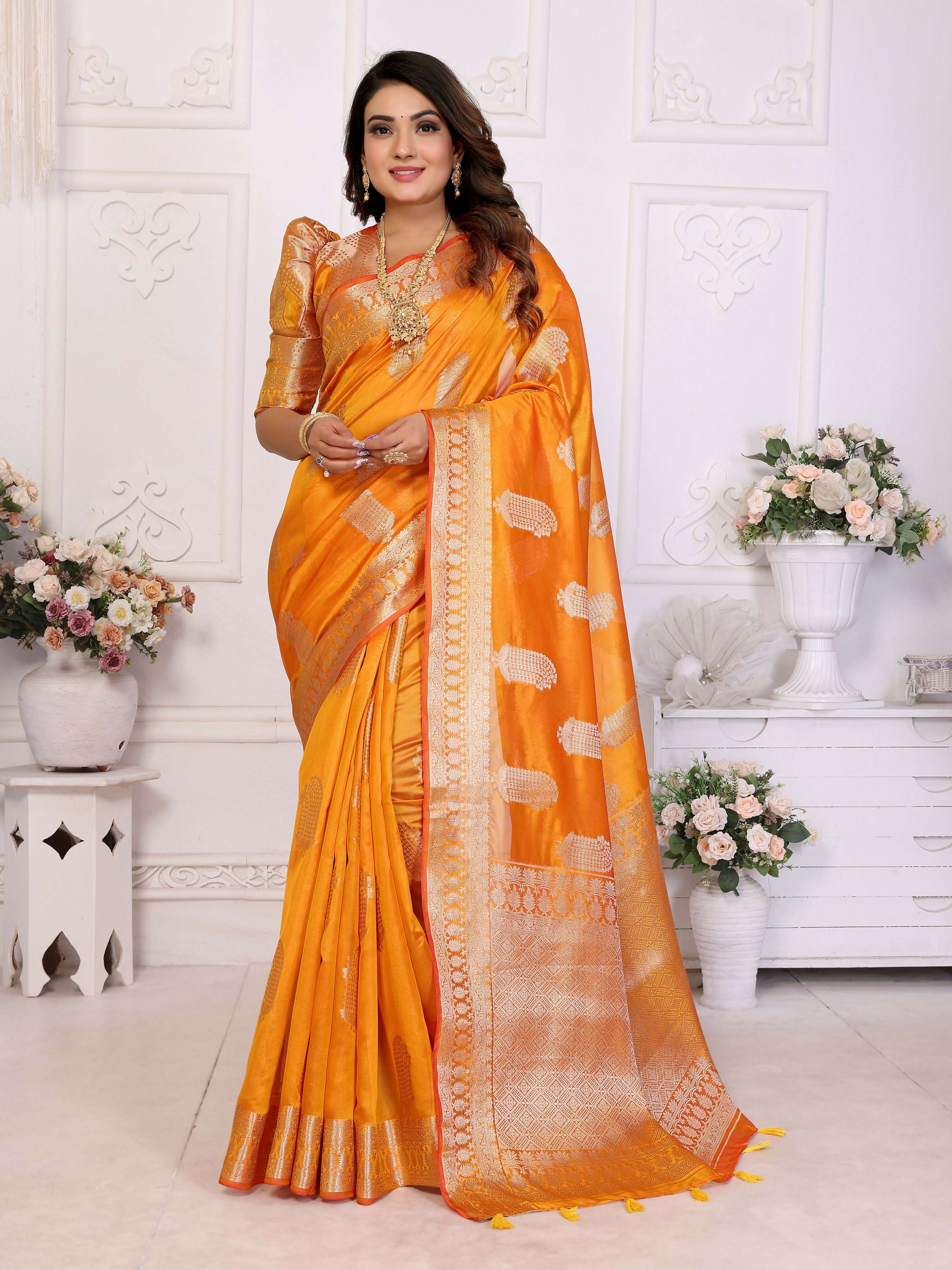 Aastha Fashion Yellow Soft Organza Silk Weaving Saree - Distacart