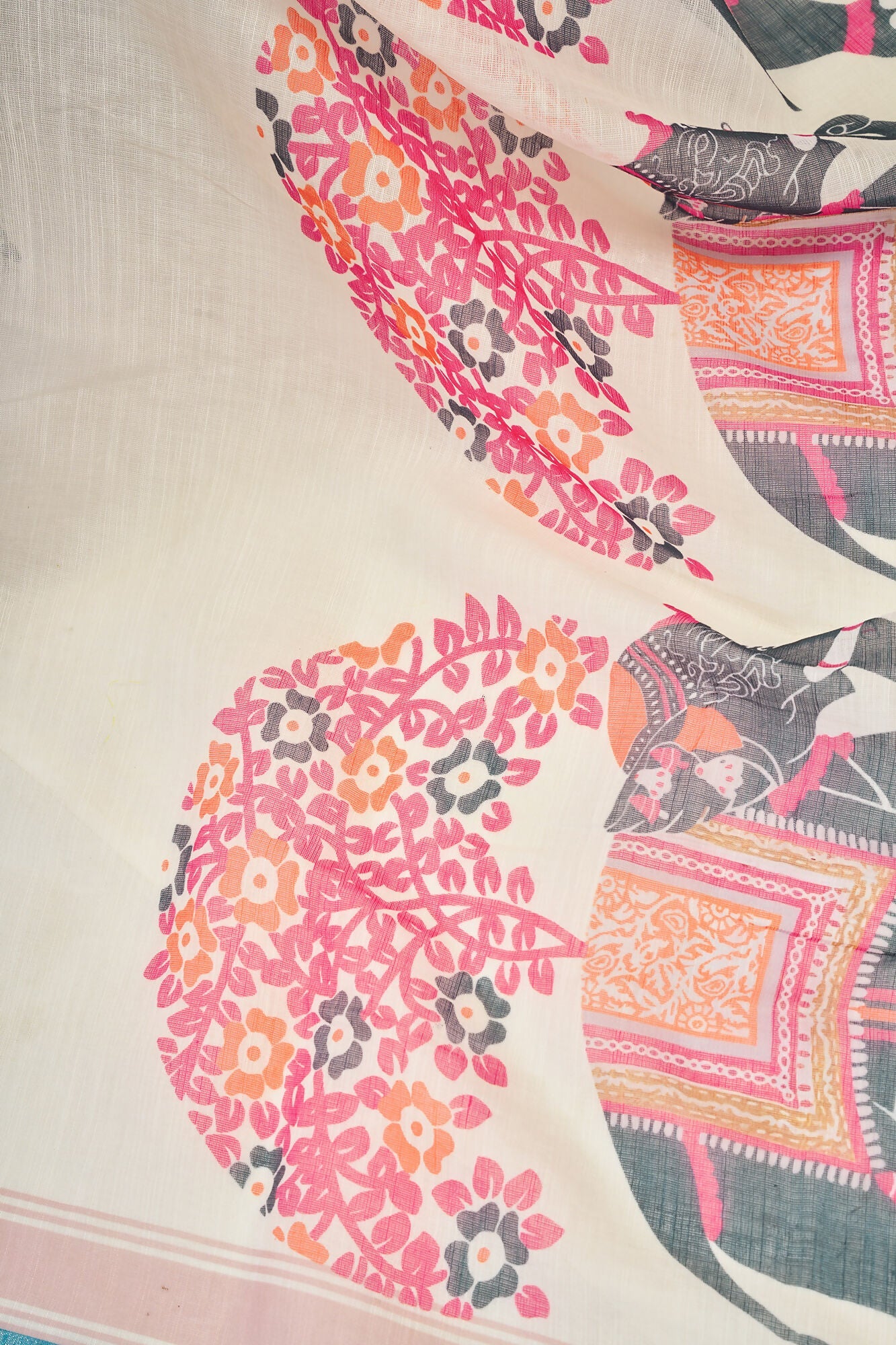 Vastranavya Cream Digital Printed Linen Ready To Wear Designer Saree with Unstitched Blouse - Distacart