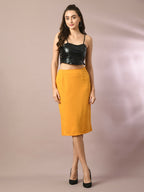 Myshka Women's Yellow Solid Knee Length Party Embellished Skirts