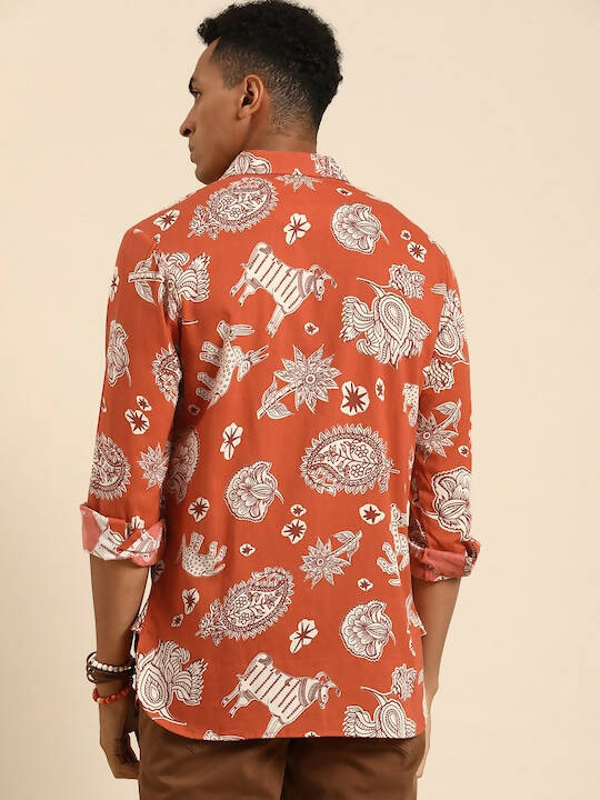 Orange Men Pure Cotton Relaxed Opaque Printed Casual Resort Shirt - Mahotsav
